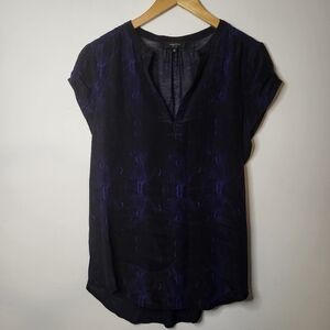 Babaton Silk Pullover Animal Print V-Neck Sheer Cap Sleeve Top Blue Size Medium